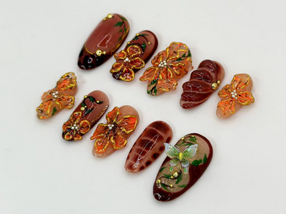 Custom Brown Floral Press-On Nails | Fall Leaves Design | Brown and Orange 3D Nail Art | Custom Nail Design | Autumn Elegance | JB595H