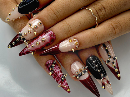Gothic Punk Press On Nails | Red Marble & Studded Spiked Nail Art | Handmade Long Stiletto Nails | HC993EP