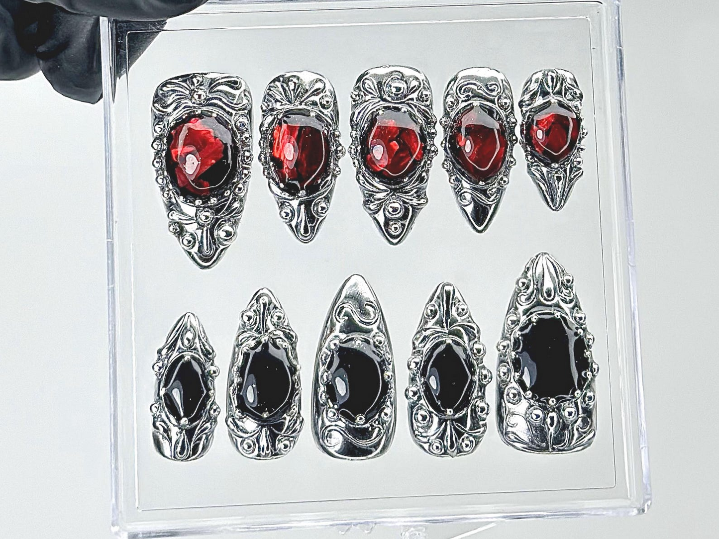 Gothic Vampire Jewel Press On Nails | Red Black Gem Nails with Metal Frame Fake Nails | Black Bloodstone Nail Art | Silver Metal | HB895YC