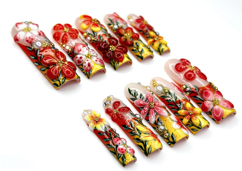 Tropical Bloom Garden Press On Nails | 3D Floral Art Nail Set | Handpainted Exotic Flower Nails | Summer Paradise Tips | JA946EC