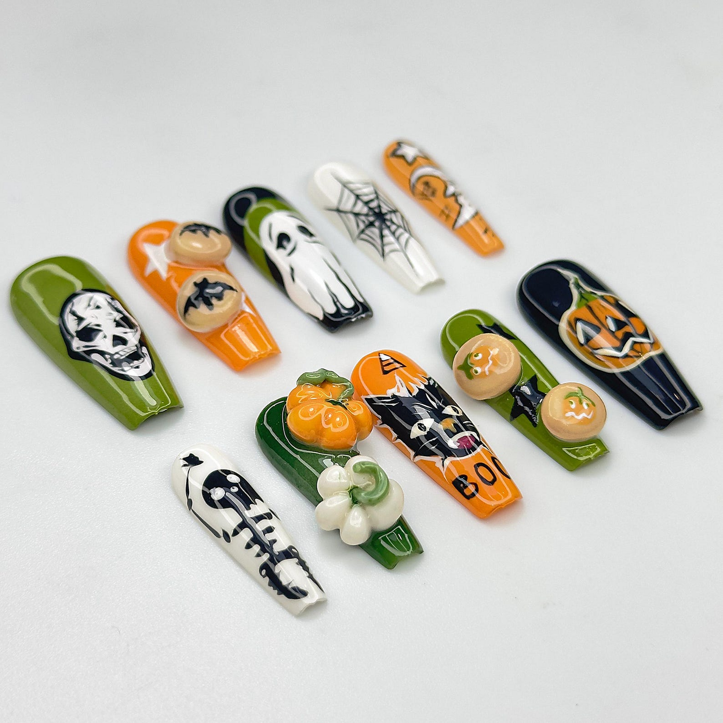 Spooky Halloween Press On Nails | Ghost Pumpkin Cat Nail Art | 3D Spider Web Fake Nails | Cute Ghost Pumpkin Nails | Kawaii Nails | HB184YC