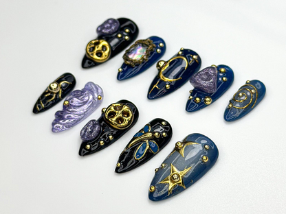 Cosmic Galaxy Press On Nails | Celestial Moon Star Nail Art | Dark Blue & Gold Mystical Nails | Opal Constellation Nail Design | JC860H
