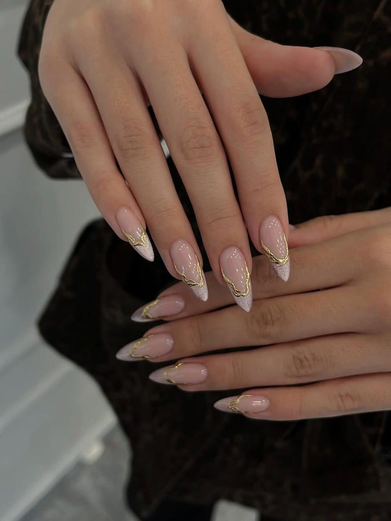 Rose Gold French Press On Nails | Nude Pink Luxury Nails | Gold Chain French Tips | Elegant Minimal Nail Art | Chic Press Ons| JC261HC