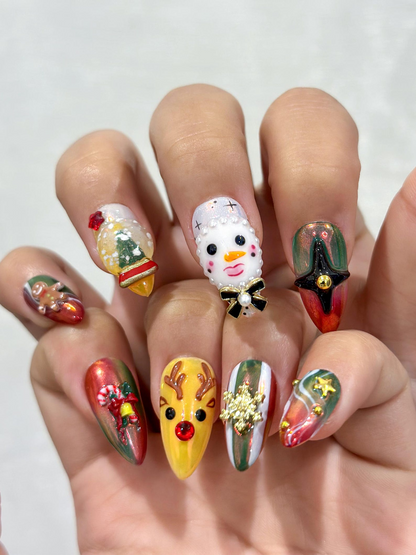 Santa & Snowman Christmas Press On Nails | Christmas Magic Nail Art | Christmas Character Nails |Festive Red-Green Glitter Press Ons|JB238EC