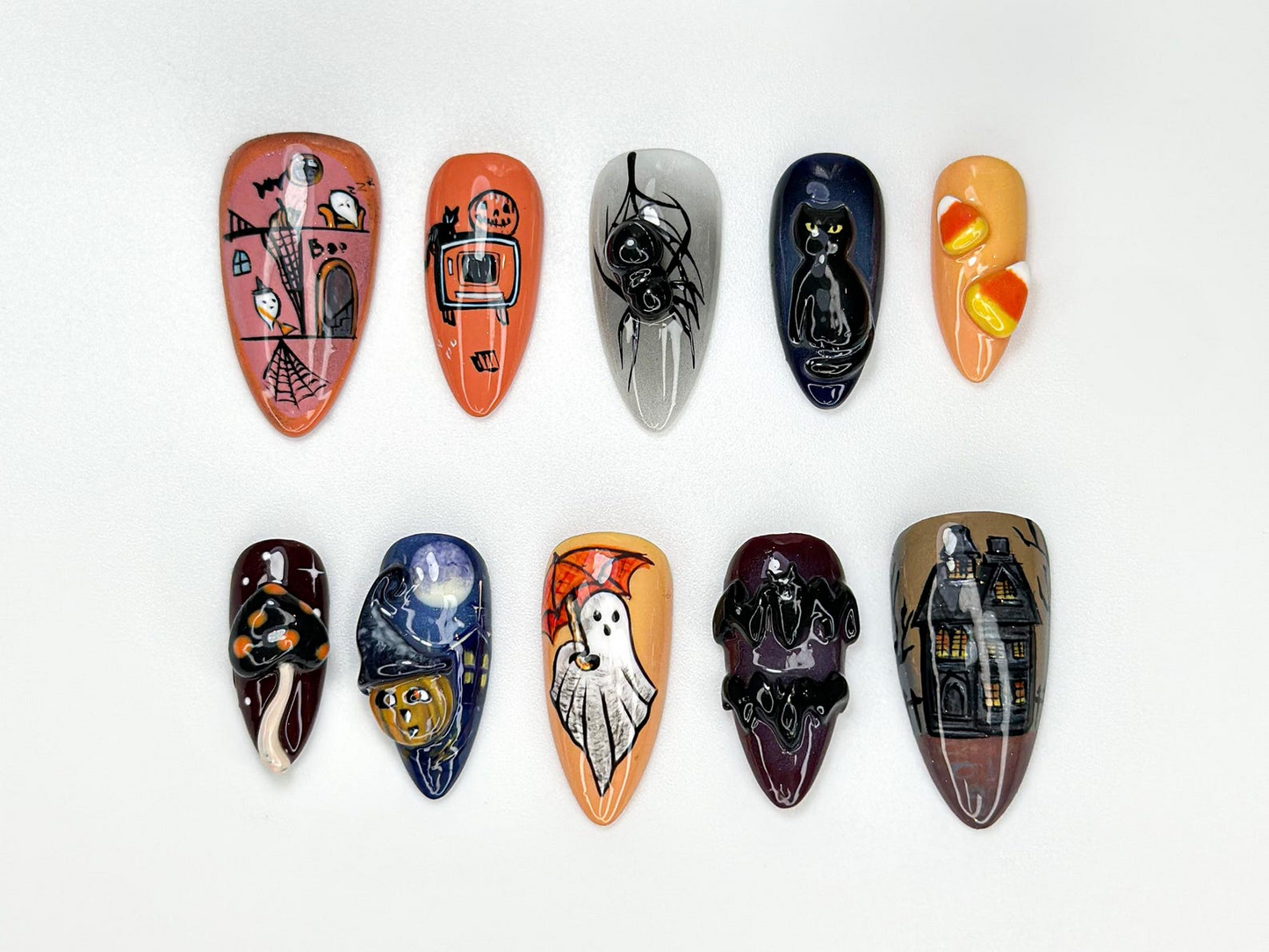 Combo Spooky Halloween Press On Nails | 3D Haunted House Nail Art | Pumpkin, Ghost & Skull Nails | Handmade Creepy Cute Nail Set | Bestseller Halloween Nails