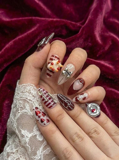 Valentine Heart Press On Nails | Roxy Nails Press On | Romantic Burgundy Red and Silver 3D Nail Art  | Handmade Love Themed Fake Nails for Women & Gift HB996GK