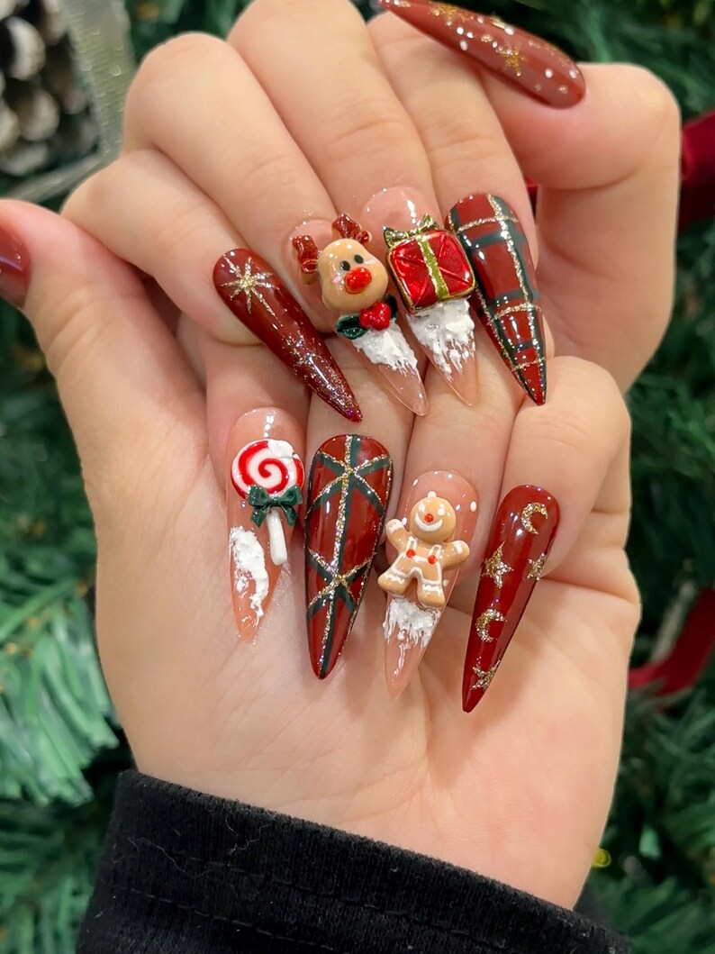 Red Christmas Reindeer Press On Nails | 3D Christmas Candy Nail Art | Holiday Red Glitter Nails | Festive Winter Nail Art | JC247EC