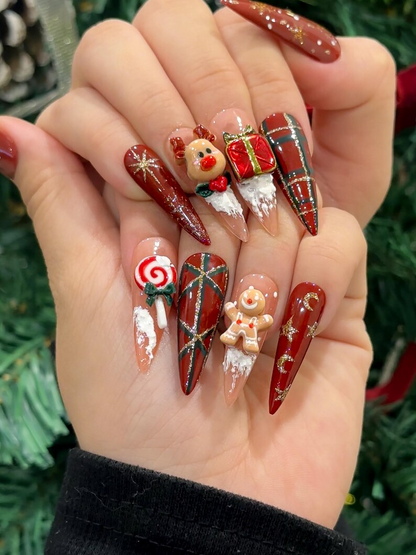 Red Christmas Reindeer Press On Nails | 3D Christmas Candy Nail Art | Holiday Red Glitter Nails | Festive Winter Nail Art | JC247EC