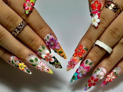 Tropical Garden Explosion Press On Nails | 3D Colorful Floral Nail Art | Rainbow Gradient Tips with Leaves & Gems | JB989EC