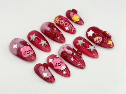 Handmade Loopy Cartoon Press On Nails | Red Nail Art with Glittering Stars & 3D Detail | Loopy-Inspired Nail | Cute Red 3D Nail Art |JB628HC