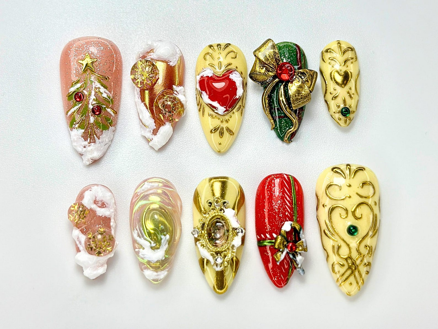 Golden Enchant Press On Nails For Christmas | Luxury 3D Gold Ornament Nail Art | Red & Green Holiday Design | Baroque Winter Nails |HB1008YC