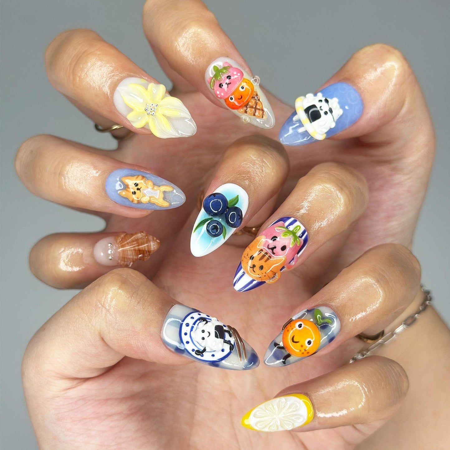 3D Kawaii Almond Nails | Handpainted Onigiri, Animal, Fruit Designs | OB404LK