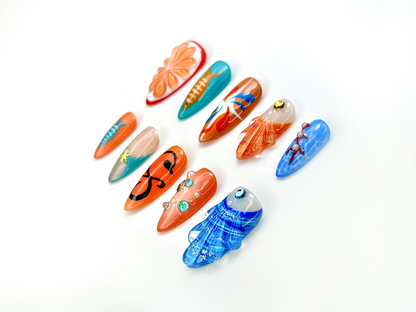 Ocean Breeze Summer Press On Nails | 3D Seashell & Starfish Accents | Citrus Orange Slice Art | Underwater Marine Theme | HB1041E