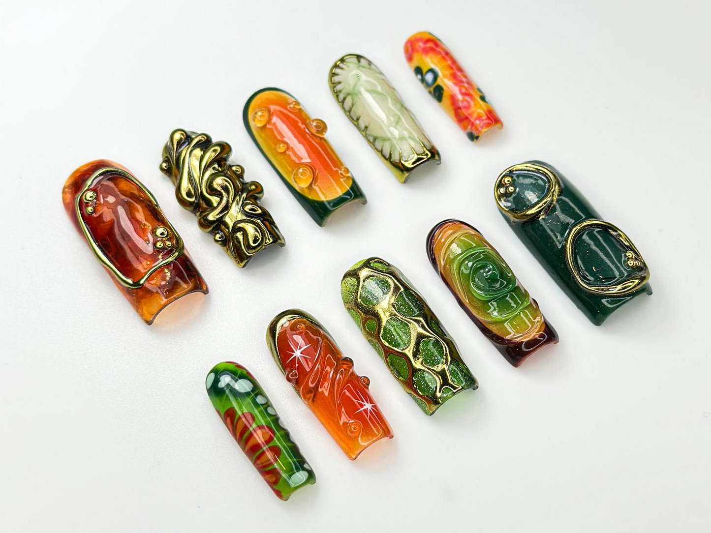 Retro Jungle Luxe Press On Nails | 3D Gold Abstract Nail Art | Green & Orange Swirl Press Ons | Handmade Statement Nails | JB976HC