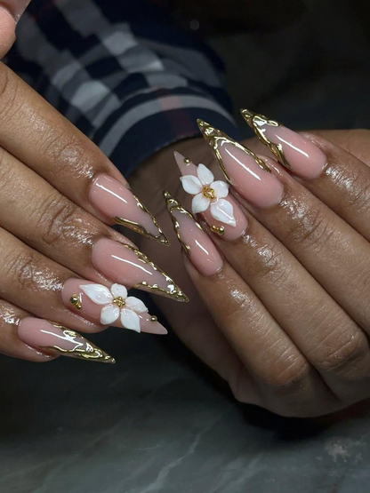 Nude Pink Luxury Press On Nails | Blush Floral Nails | 3D White Flower Nail Art | Elegant Bridal Press Ons | Soft Glam Nail Set | HC1232HC