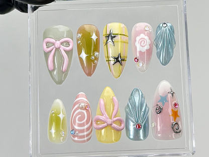 Pastel Star Bow Press On Nails | 3D Swirl & Ribbon Fake Nails | Celestial Pastel Nail Art | Kawaii Pastel Press Ons | Gift for Her | HB877YK