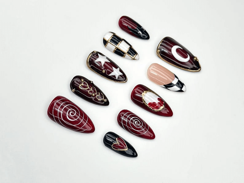 Gothic Carnival Press On Nails | Red Black Swirl & Heart Nail Art | Checkerboard Gothic Nail Set | Handmade Cosplay Nails | JC1149BC
