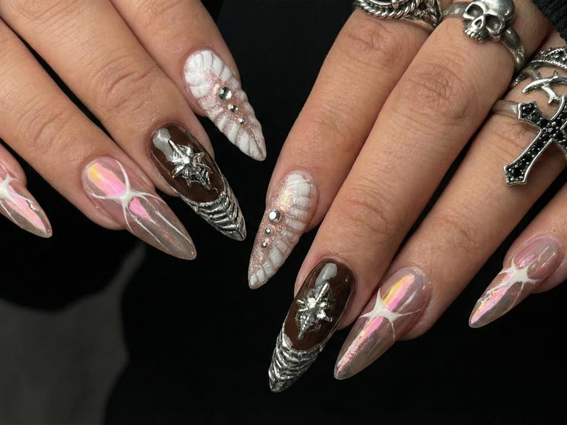 Press On Nails Adhesive Tabs – Black Pink Chrome Cross & Star Long Stiletto Handmade Fake Nails for Gothic Luxury Look