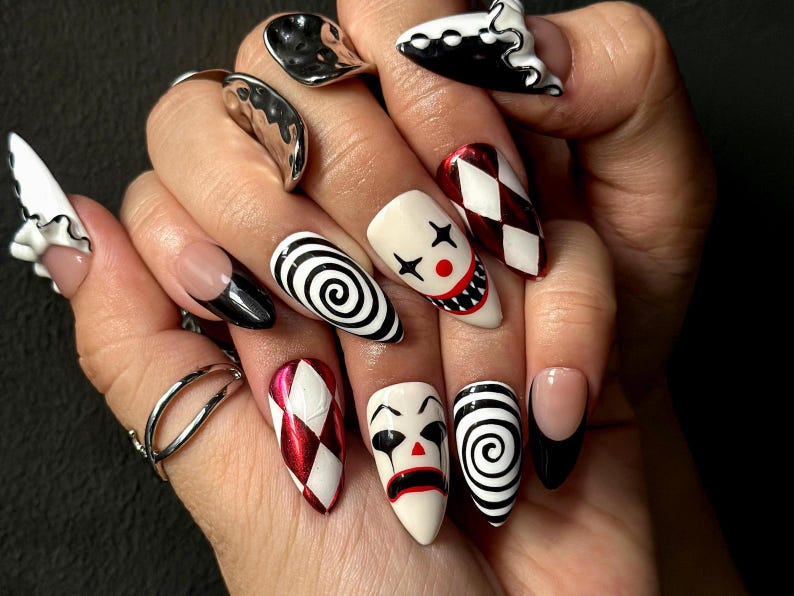 Creepy Clown Carnival Press On Nails | Horror-Inspired Clown Nail Art | Spooky Halloween Nail Set | Handmade Clown Face Nails | JB178HC