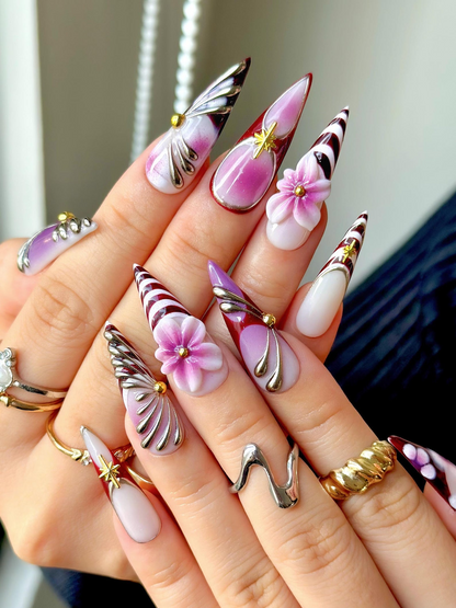 Elegant Violet Floral Press On Nails | Purple Chrome Floral Nails| Elegant Holiday Nails | Luxury Gradient Press Ons | JB211EC