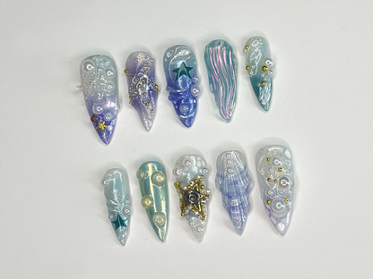 3D Tropical Beach Long Stiletto Nails | Ocean-Themed with Seaweed, Seashells, and Starfish | Handmade Press On Nails | JB328SL