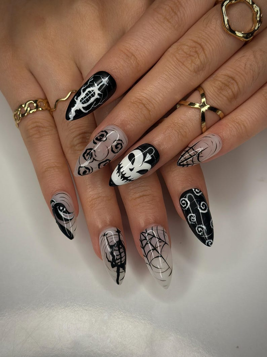 Gothic Skull Halloween Press On Nails | Black & White Creepy Nail Art | Halloween Horror Inspired | Unique Gothic Nail Set| JB150HC