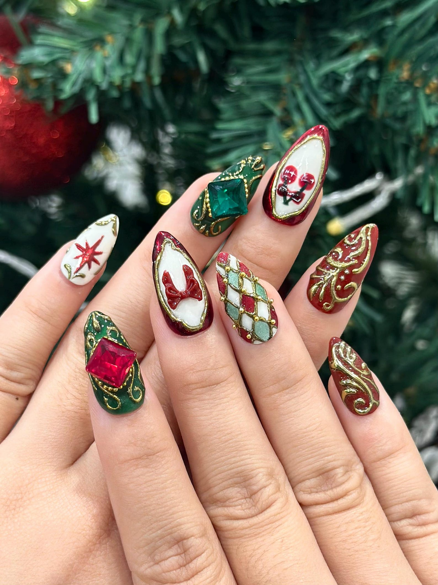 Gemstone Christmas Press On Nails | Red & Green Nails | Baroque Holiday Nail Art | Lux Christmas Press Ons | Elegant Festive Set| JB253HK