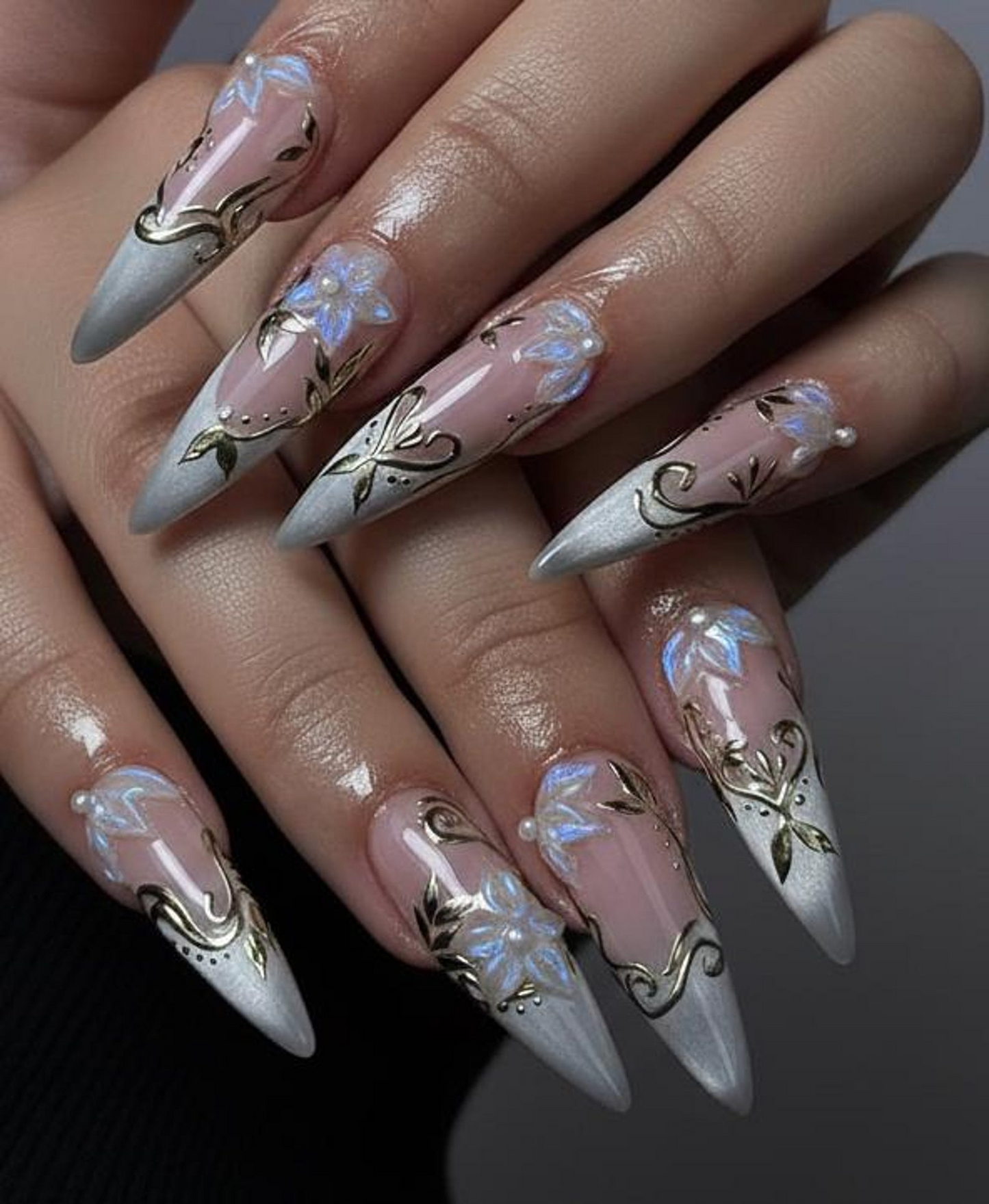 Spring Gothic Blossom Pressons Nails | Dusty Mauve Floral Nails | Iridescent 3D Flower Nail Art | Gold Vine Luxury Nail Set | JB267EC