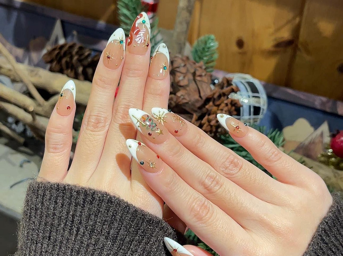 White French Christmas Press On Nails | Red Green Gold Holiday Press Ons | Christmas Tree & Candy Cane Nails | Elegant Winter Nail | JB223HC