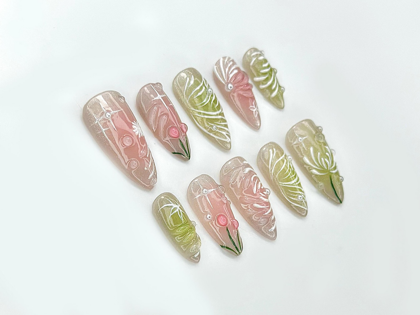 Dewdrop Meadow Press On Nails | Pastel Green & Pink Shimmer | Hand-Painted Floral Line Art and Crystal Accents | JB987EK