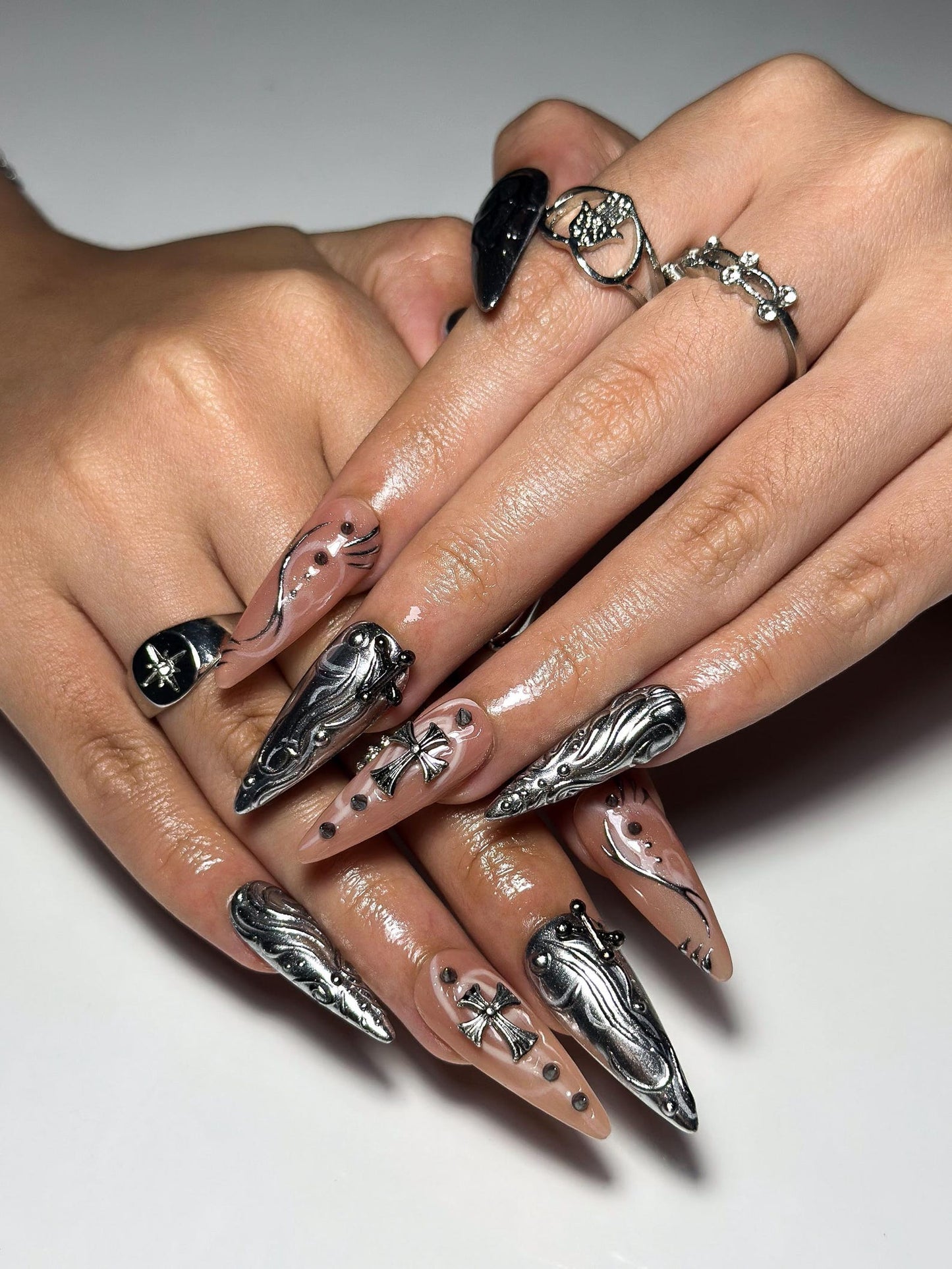 Gothic Chrome Stiletto Nails | 3D Liquid Metal Cross Press Ons | Cyberpunk Grunge Art | OB1330IB