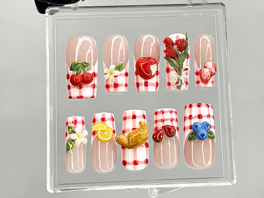 Gingham Picnic Press On Nails | 3D Fruit & Floral Nail Art | Cherry Strawberry Lemon Press Ons | Cottagecore Picnic Fake nails | HB944YK