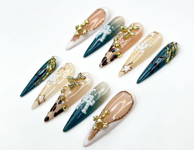 LA Safari Luxe Press On Nails | Western Pearl Letter Nails | Leopard & Cross Charm Nail Art | Glam Cowgirl Vibe | Edgy 3D Stiletto Nail Set