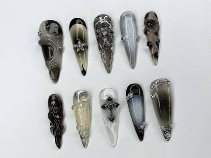 Cool Gothic Press On Nails | Luxury Black Silver Jeweled Nail charms | Luxurious Chrome and Holiday Nail Art |Long Stiletto Nail Set|JC451AH