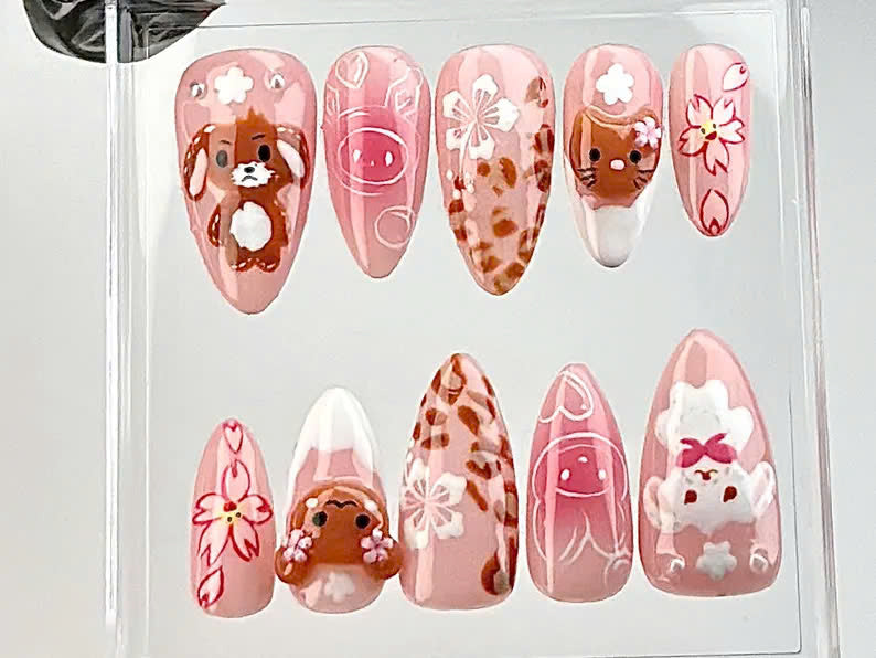 Kawaii Cartoon Press On Nails | Cute Pink Cat & Bunny Nail Art | Pink Animal Fake Nails | Kawaii Pastel Nail Polish | Cute Nails | HB680Yandpainted Flower | Dreamy Fairycore Nail | J303A (Copy)