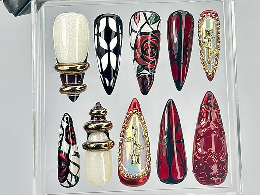 Red Black Rose Press On Nails | Holographic Gothic Press Ons | Gothic Red Chrome Fake Nails | Dark Romance Nail Art | Y2K Nails | HB823YC