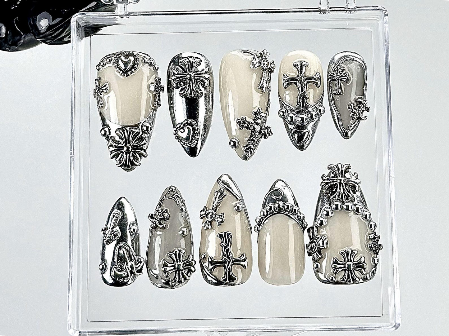 Gothic Chrome Press On Nails | Silver Gothic Fake Nails | Punk Rock Chrome Nail Art | 3D Cross Gothic Press Ons | Fashion Nails | HB889YK