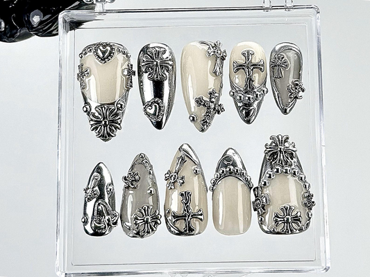 Gothic Chrome Press On Nails | Silver Gothic Fake Nails | Punk Rock Chrome Nail Art | 3D Cross Gothic Press Ons | Fashion Nails | HB889YK