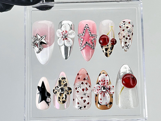 Leopard Print Star Press On Nails | 3D Rhinestone Fake Nails | Pink and Silver Nail Art | Cute Star Cherry Press Ons | Summer Nails |HB883YC
