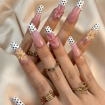 Retro Polka Dot Press On Nails | 3D Floral French Tip | Y2K Pastel Summer Nails | Bold Party Vacation | Custom Shape Handmade Set | OB1353DK