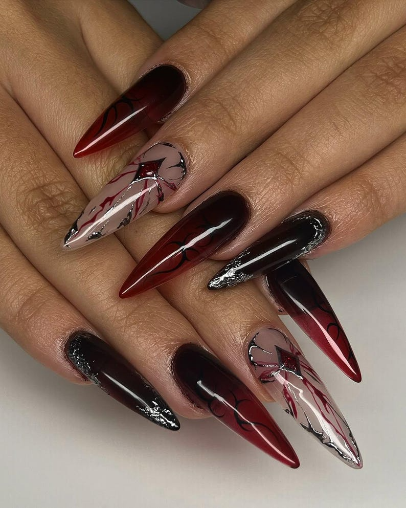 Sylus Love and Deepspace Nail Art | Vampire Romance Claws | Red Vein Gothic Fantasy Nails | Sylus Inspired Nail Art | JC820HC