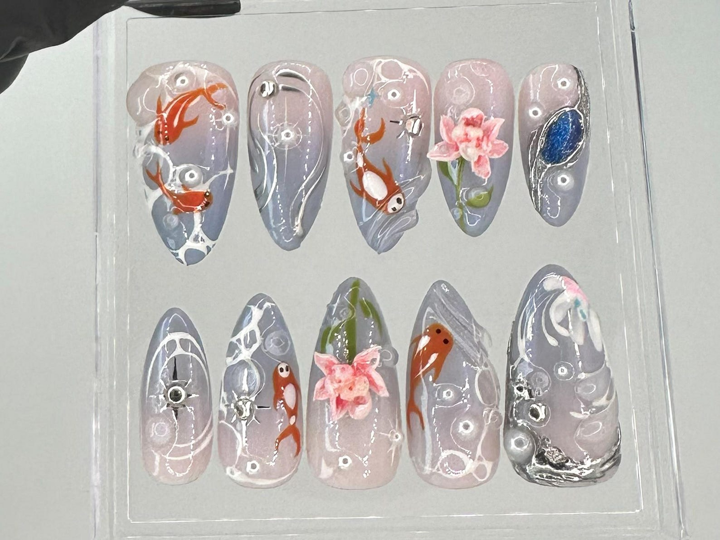 Japanese Koi Pond Long Almond Nails | Artistic Koi Fish Nail Art |Elegant Handcrafted Fake Nails | Luxurious False Nails |Koi-Themed|HB714YC