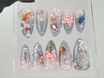 Japanese Koi Pond Long Almond Nails | Artistic Koi Fish Nail Art |Elegant Handcrafted Fake Nails | Luxurious False Nails |Koi-Themed|HB714YC