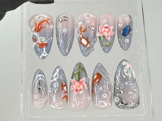 Japanese Koi Pond Long Almond Nails | Artistic Koi Fish Nail Art |Elegant Handcrafted Fake Nails | Luxurious False Nails |Koi-Themed|HB714YC
