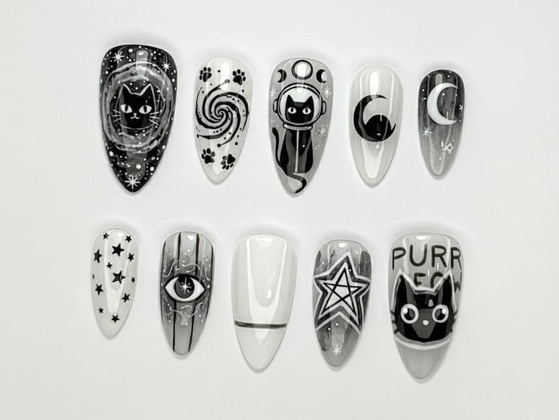 Cosmic Black Cat Press On Nails | Gothic Cat Nail Art | Moon Star Astrology Nails | Witchy Black White Press Ons | Mystic Nail Set | JB263H
