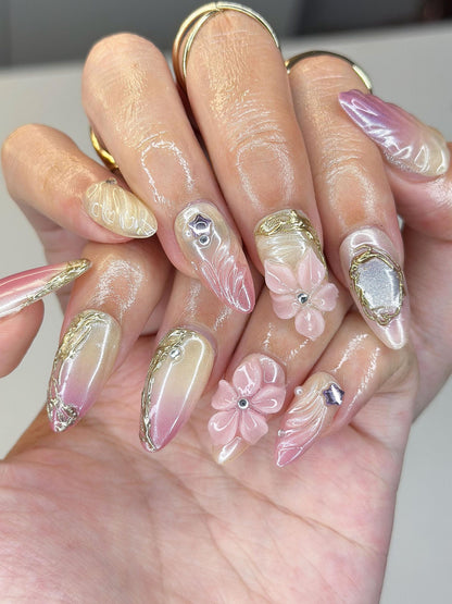 Jisoo MET Gala Inspired Nails | 3D Floral Molten Gold Press Ons | Luxury Pink Ombre Shimmer Custom Celestial Almond Art| OB390IK