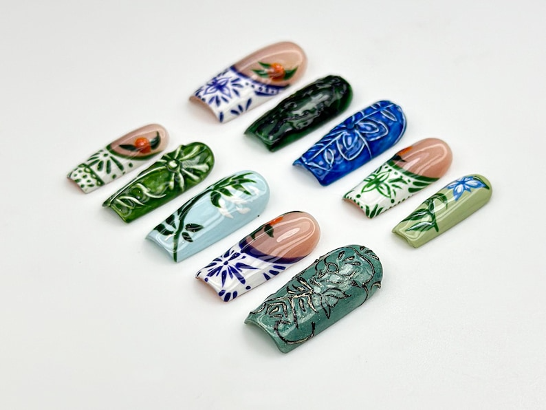 Vintage Botanical Press On Nails | Hand-Painted Ceramic-Inspired Nail Art | Green Leaf Design | Nature-Inspired Press Ons | JB933H
