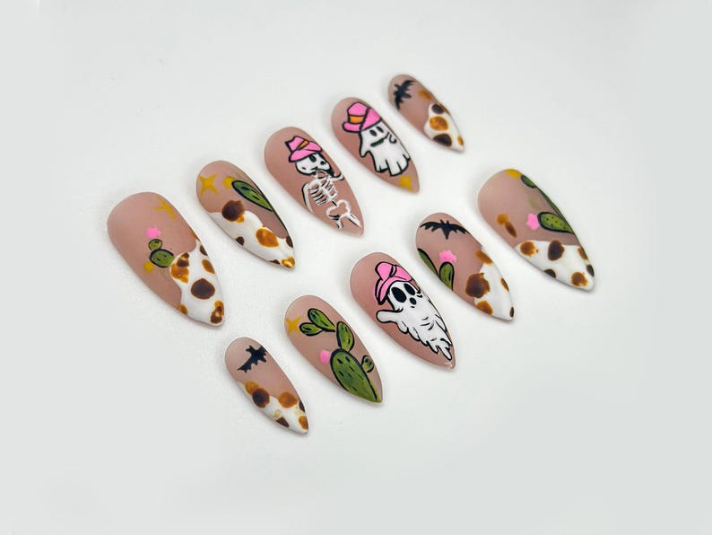 Western Ghost Cowgirl Press On Nails | Spooky Desert Nail Art | Halloween Cactus Nails | Cow Print & Pink Hat Ghost Design | HB1069EC