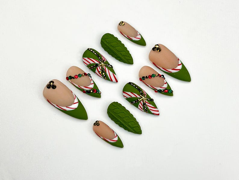 Candy Cane Christmas Press On Nails | Green Holiday Nails | Festive Long Nails | Gift For Her | Winter Party Nails| HB1189BC