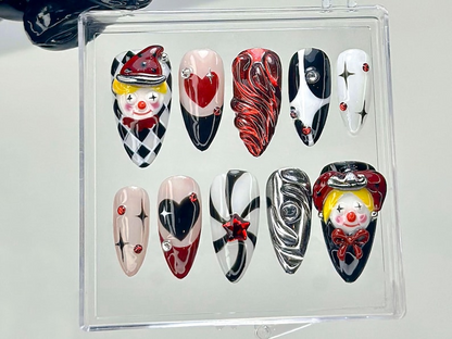 3D Harlequin Clown Press On Nails | Red Black Chrome Swirl Design Fake Nails | Gothic Alt Nail Art | Creepy Cute Clown Nails | HB935YK